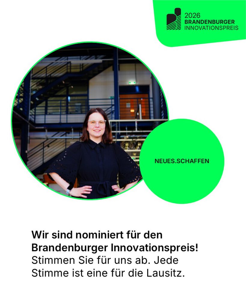 Sharepic Anne Handschick-Ernst zum Brandenburger innovationspreis 2026. Jede Stimme ist eine für die Lausitz.