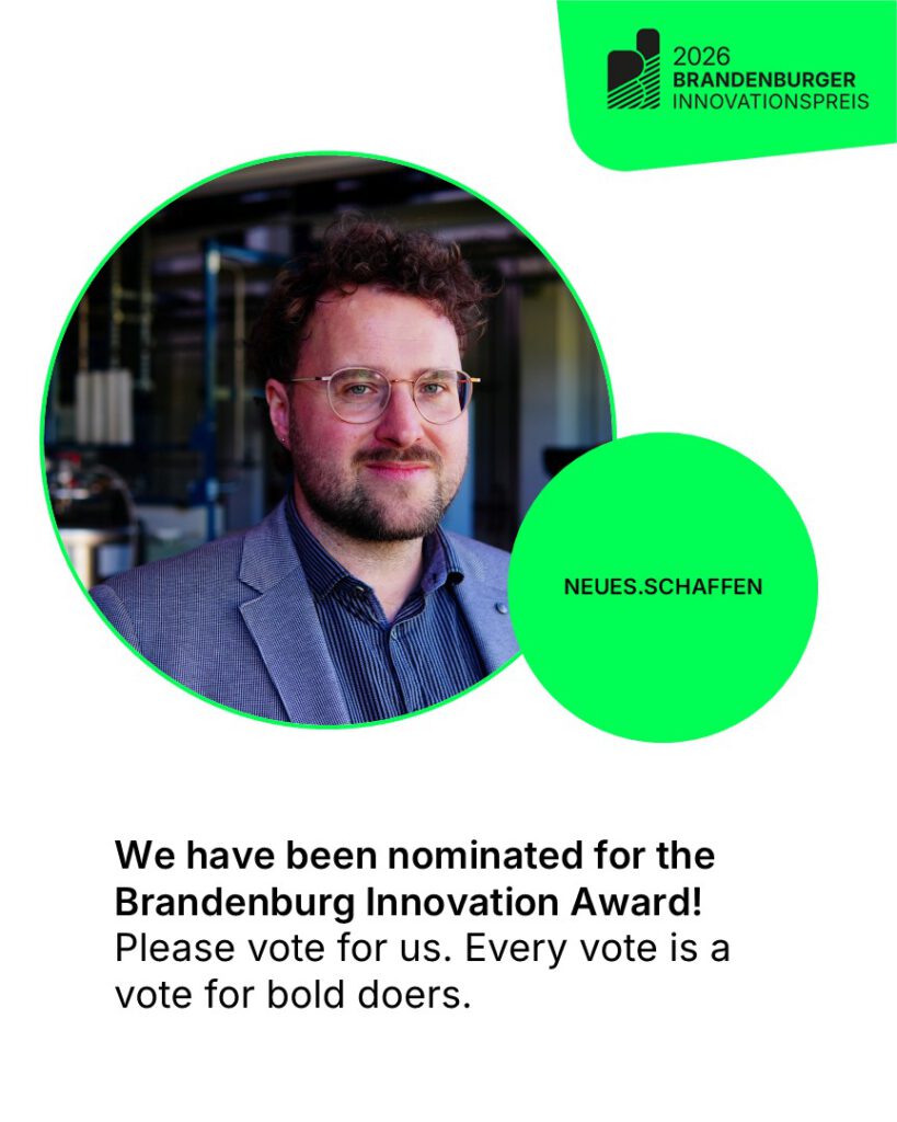 Sharepic featuring David Uebel regarding the 2026 Brandenburg Innovation Award. Every vote is a vote for bold doers.